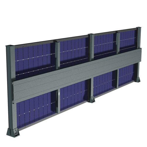 Détail d'une clôture photovoltaïque avec canal de passage de câbles