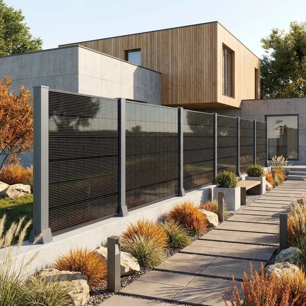 Cloture photovoltaïque dans un jardin d'une villa contemporaire